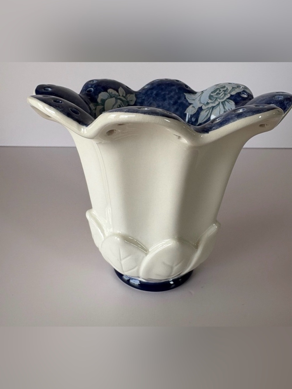 Vintage Grasslands Road White Ceramic Vase with an Embossed Blue Floral Pattern
